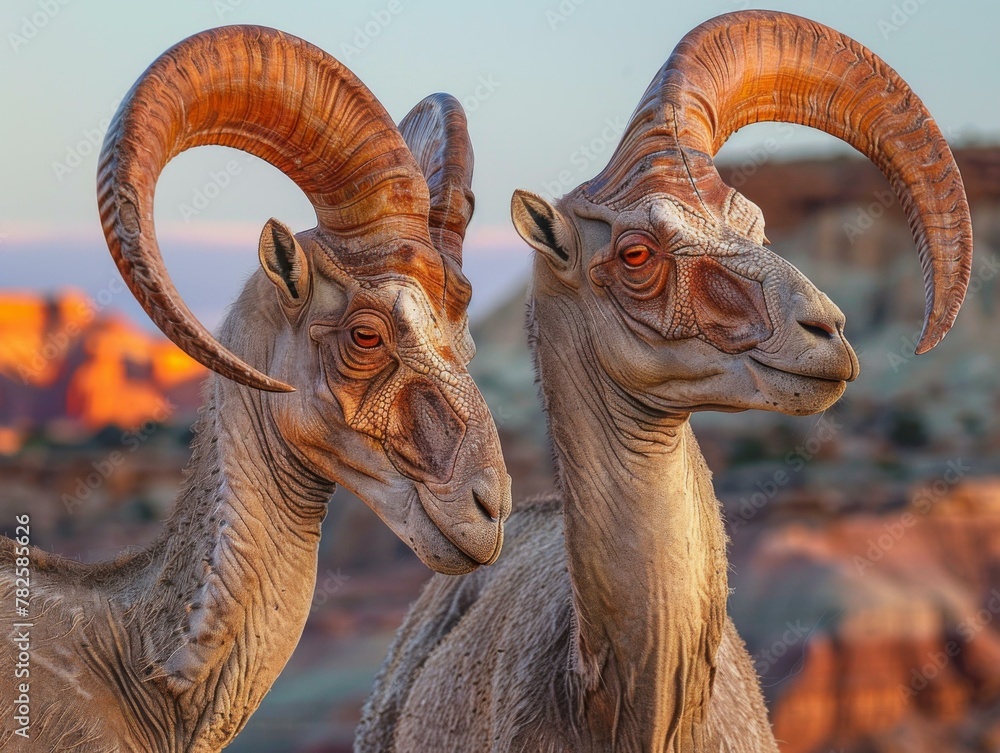 Poster two goats with large horns standing next to each other. generative ai.