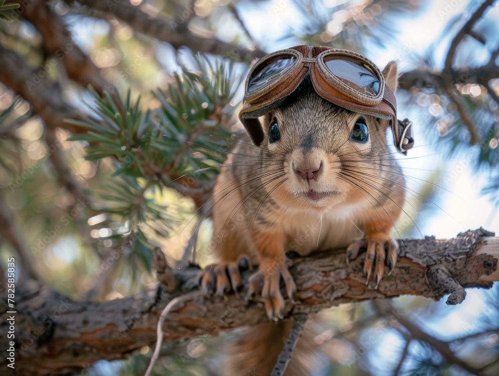 Poster a squirrel wearing goggles on a tree branch with leaves. generative ai.