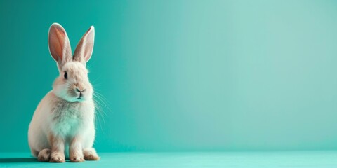 A white rabbit sitting on a blue background with a green wall. Generative AI.