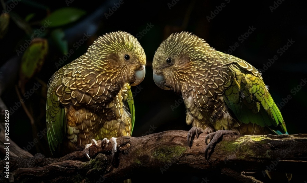 Poster two parrots are sitting on a branch looking at each other. generative ai.