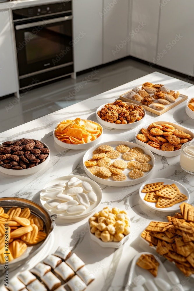 Poster a table with many different types of snacks on it. generative ai.
