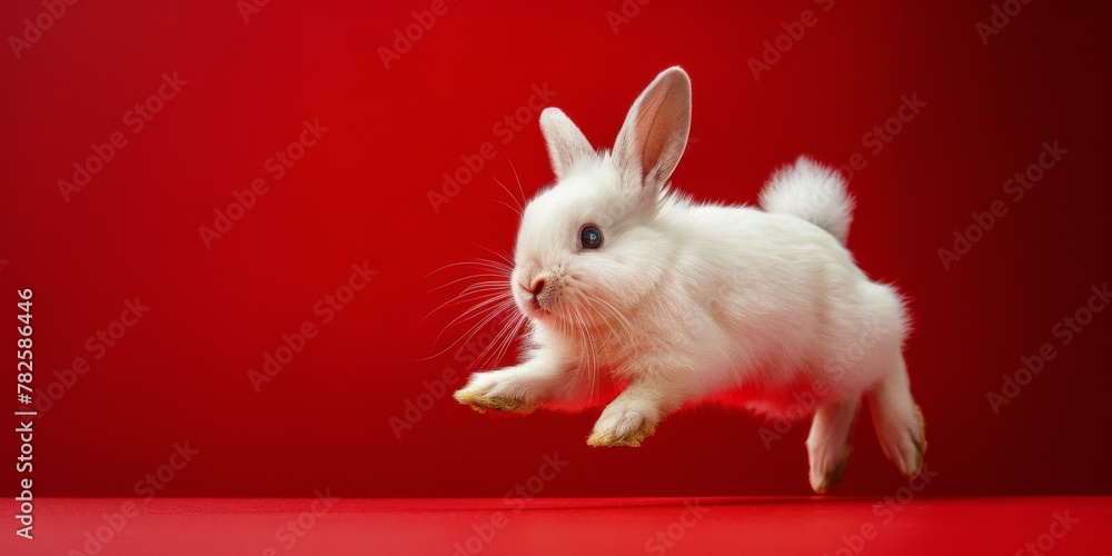 Poster a white rabbit running on a red background with its ears up. generative ai.
