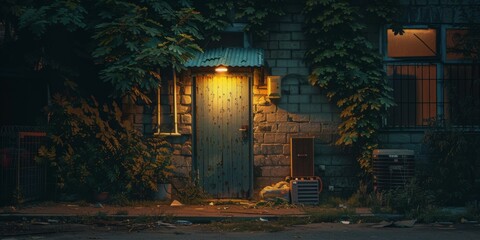 A door to a house lit up at night with some trash on the ground. Generative AI. - Powered by Adobe