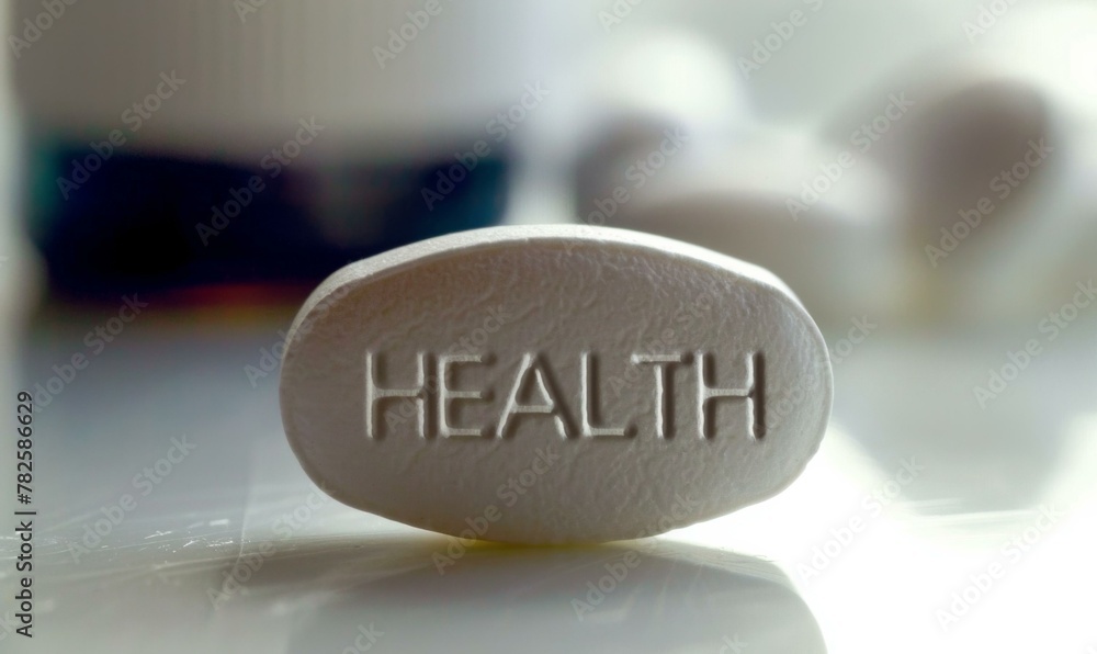 Poster a close up of a pill with the word health on it. generative ai.