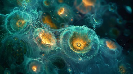 A close up of a bunch of jellyfish in the water. Generative AI.