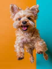 A small dog jumping up in the air with its mouth open. Generative AI.