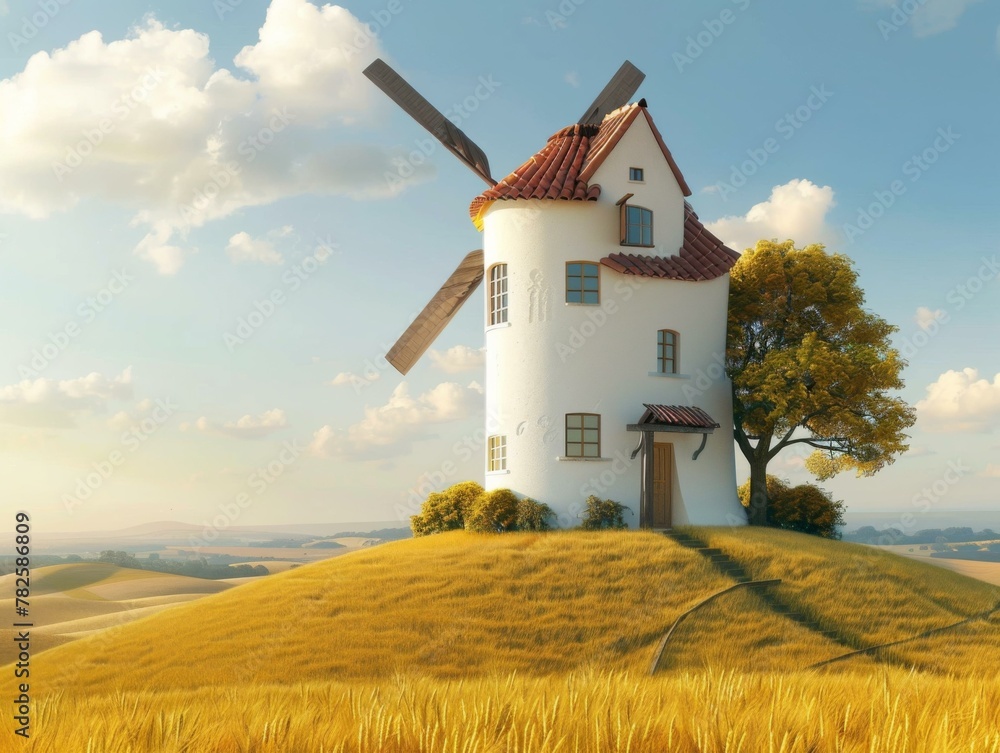 Poster a on a hill with a windmill on top. generative ai.