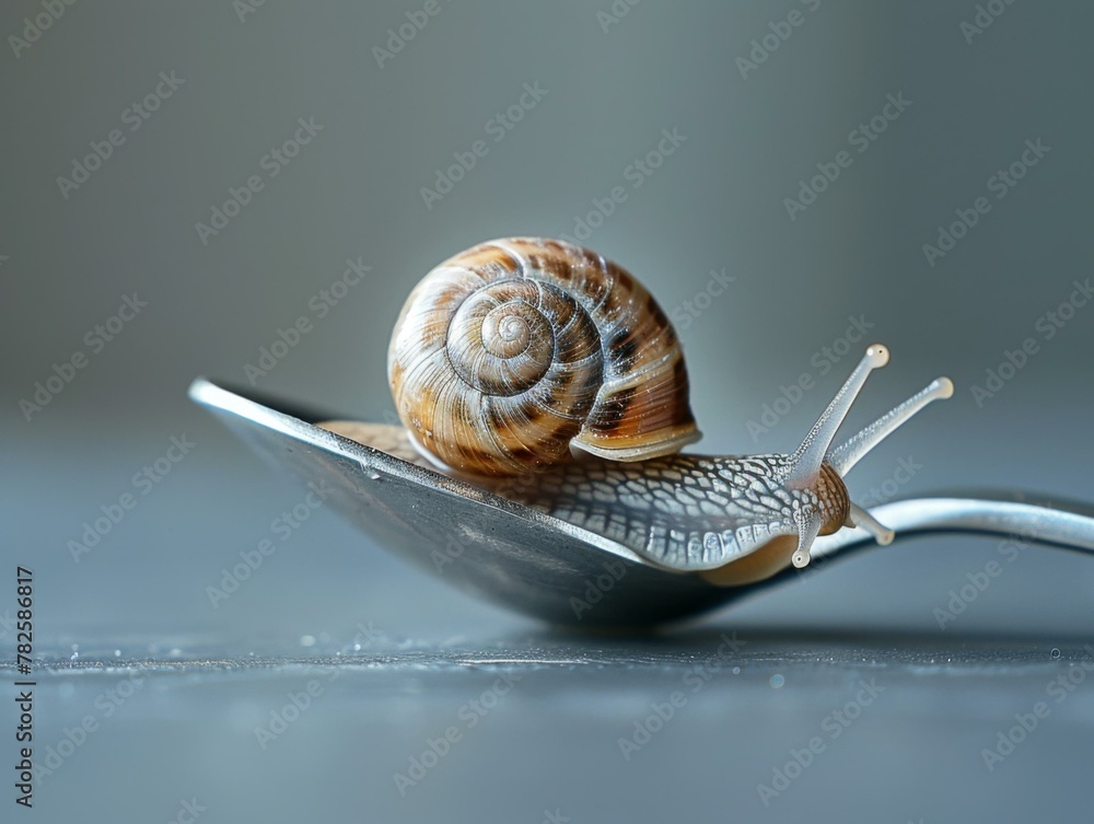 Poster a snail is sitting on a spoon with its shell open.