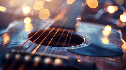 Close-up of a guitar string being plucked, blurred background.