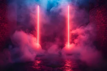 Foto op Canvas Neon Glow: Laser Lights & Mist Against Blue Bricks. Concept Neon Glow, Laser Lights, Mist, Blue Bricks, Creative Photography © Anastasiia