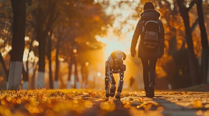 A person walking a dog in the fall. Generative AI.