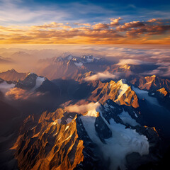 Aerial view of a mountain range at sunrise.