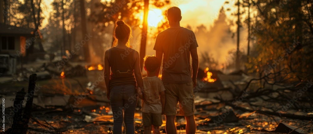Aufkleber a family of three standing in front of a fire with the sun setting behind them. generative ai.