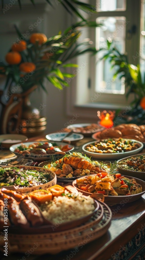 Poster a table filled with plates of food and a window in the background.