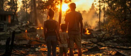 A family of three standing in front of a fire with the sun setting behind them. Generative AI. - Powered by Adobe