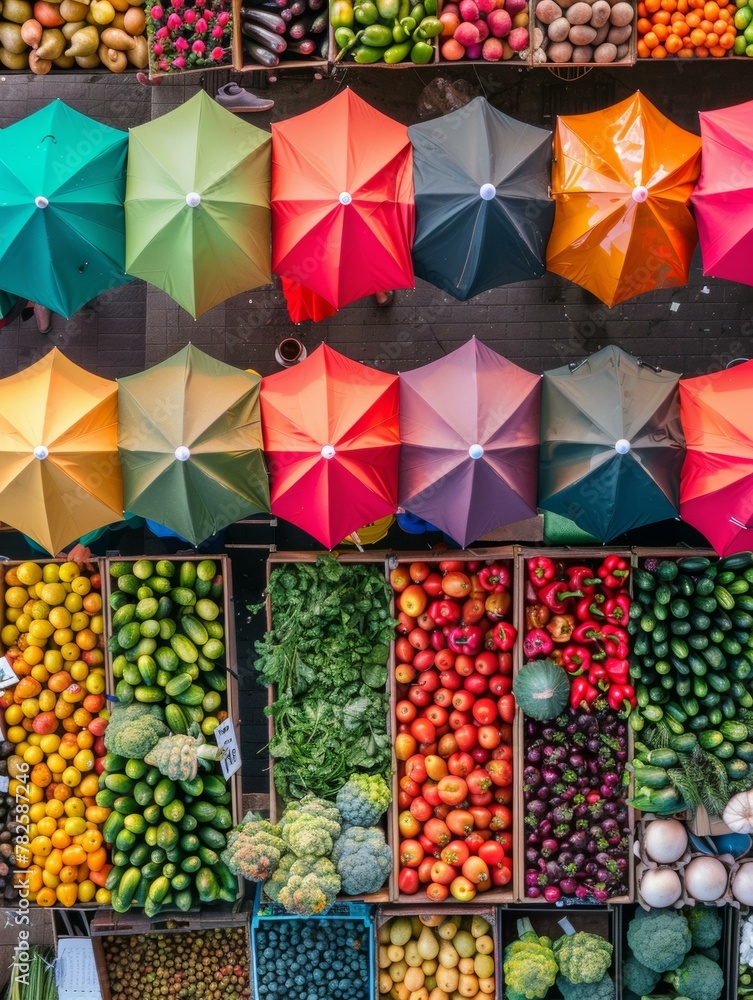 Poster an overhead view of a market with many different fruits and vegetables. generative ai.