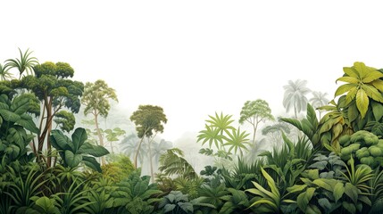 A panoramic view of dense tropical vegetation engulfed in a soft mist, portraying a tranquil natural habitat