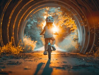 A young girl riding a bike through an underground tunnel. Generative AI.