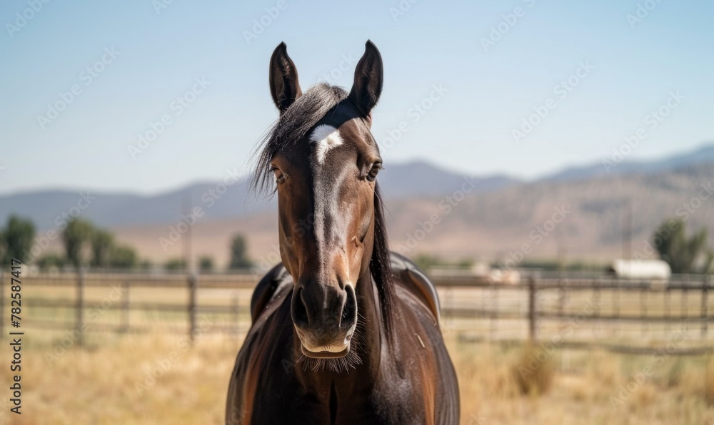Poster a horse standing in a field with a fence in the background. generative ai.