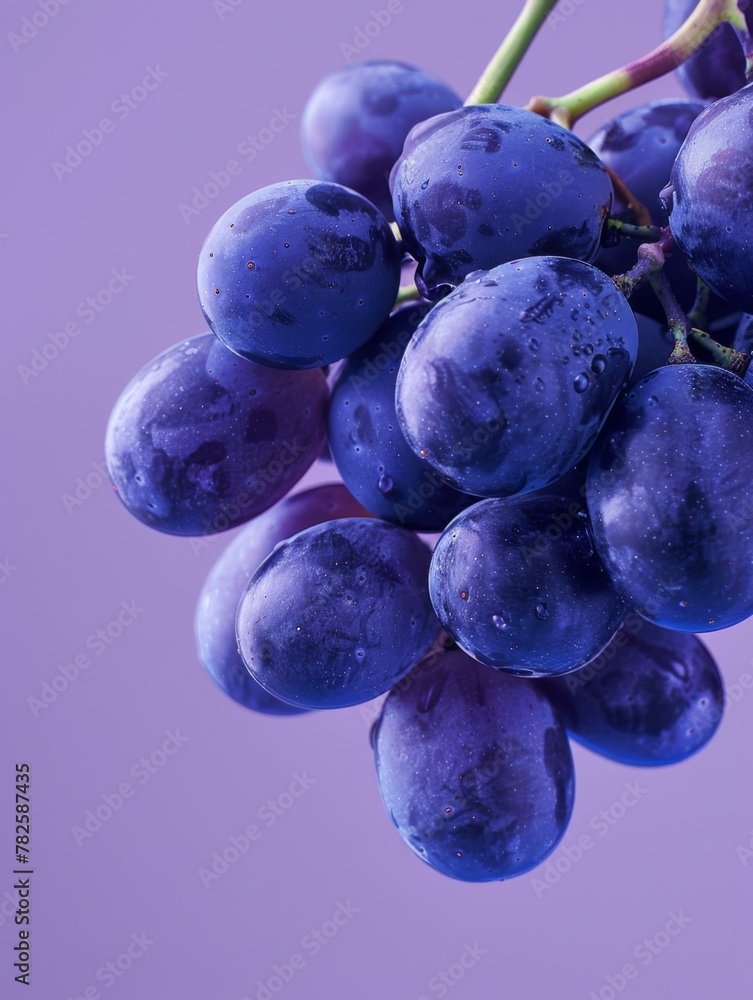 Poster a bunch of grapes are on a purple background with some blue. generative ai.