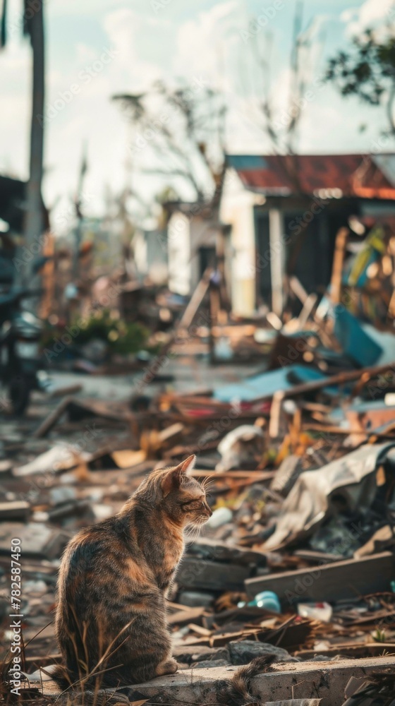 Poster a cat sitting on a pile of rubble next to a destroyed building. generative ai.
