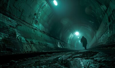 A man walking in a dark tunnel with a flashlight. Generative AI.
