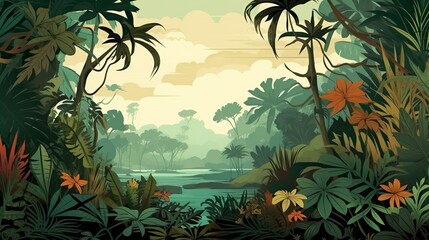A serene illustration capturing the essence of a dense, tropical jungle with a tranquil river flowing in the midst