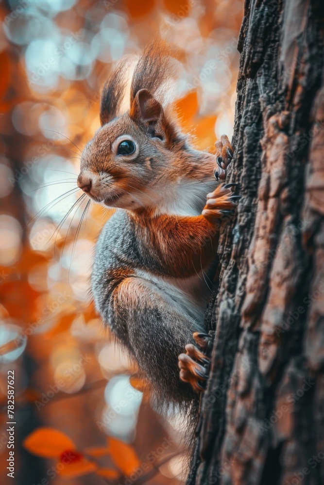 Poster a squirrel climbing up a tree trunk in the fall. generative ai.