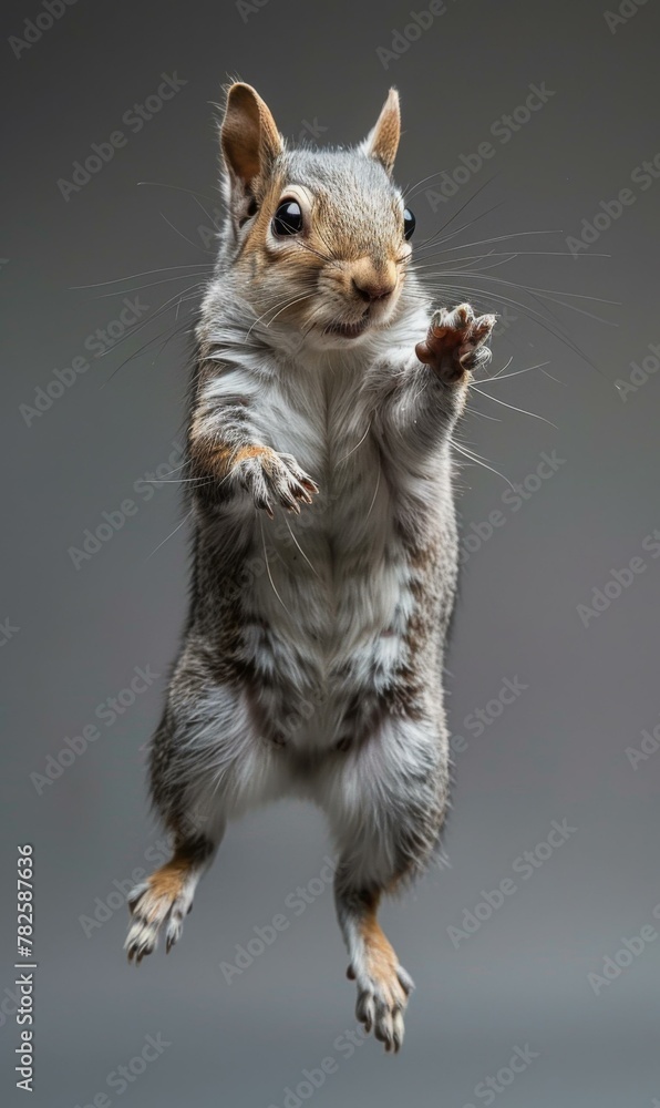 Poster a squirrel is jumping up to catch a ball. generative ai.