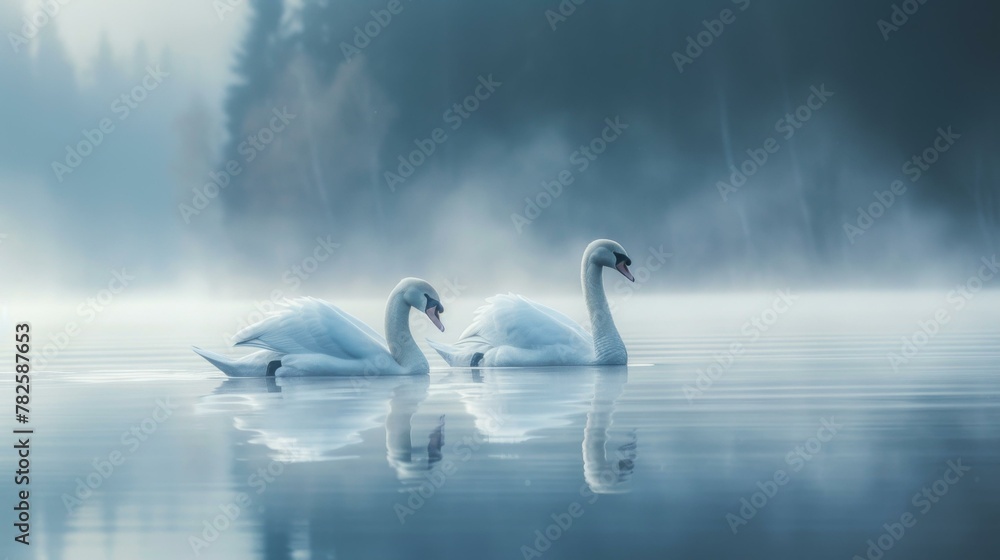 Poster two swans are floating on a lake in the mist. generative ai.