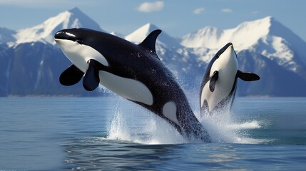 A pair of orcas, also known as killer whales, are captured mid-jump against a backdrop of icy mountains