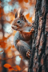A squirrel climbing up a tree trunk in the fall. Generative AI.
