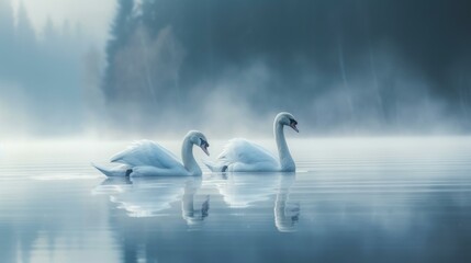 Two swans are floating on a lake in the mist. Generative AI.