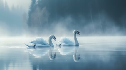 Fototapeta premium Two swans are floating on a lake in the mist. Generative AI.
