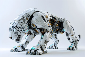 Steel robotic white tiger. Robot with metal body isolated on white background. Futuristic mechanical animal, metal cyborg. Future and technology concept