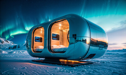 pod-like structure with mirrored doors and sides sits on a snowy surface. The structure has two beds inside and is surrounded by a dark blue sky with a green and purple northern lights display.