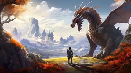 A peaceful scene with a dragon and a knight overlooking a magical kingdom