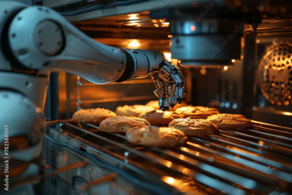 Poster a robot arm is taking cookies out of an oven. generative ai.