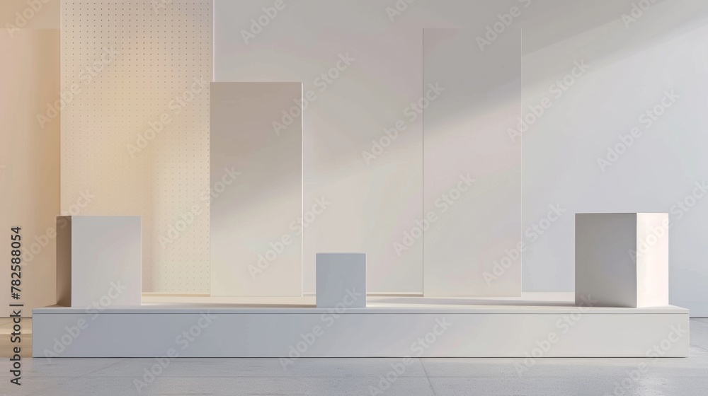 Poster against a backdrop of minimalist white walls a series of rectangular podiums create an intriguing vi