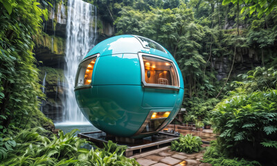 teal sphere sits in front of a waterfall and jungle. It has windows and lights on inside. - 782588073