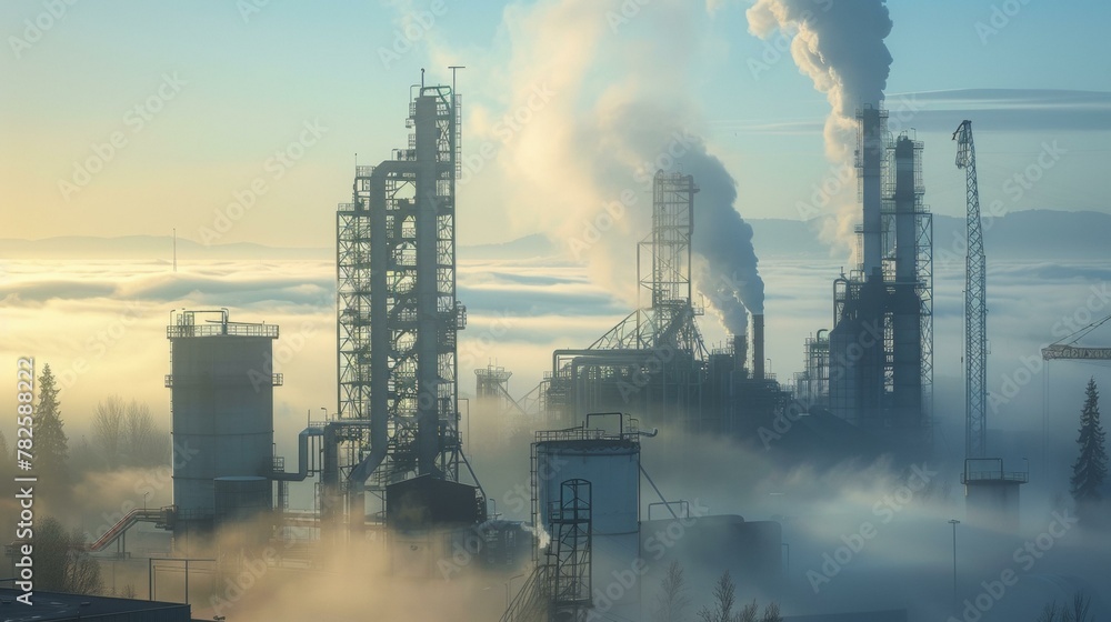 Poster a factory with smoke stacks and fog in the background. generative ai.