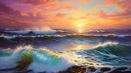 A painting of a sunset over the ocean with waves crashing, reflecting the warm vibrant colors of the sky - Powered by Adobe