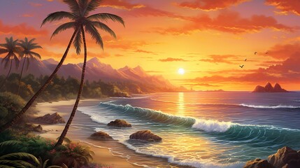 A serene sunset view with waves gently crashing on a tropical beach, with palm trees swaying in the gentle breeze