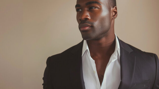 A handsome black man standing against a neutral background his tailored suit highlighting his toned physique. His subtle smile and piercing gaze convey a sense of both class and charm. .