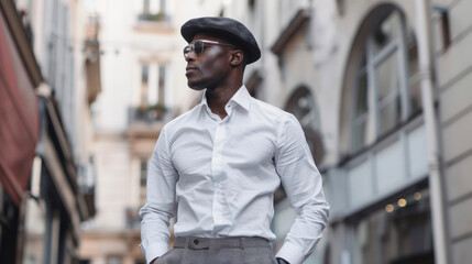 A dapper black man embodies French charm with his tailored cigarette pants a tailored shirt with rolled up sleeves and a black beret tilted to the side. .