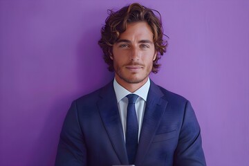 Confident Entrepreneur with Phone on Vibrant Purple. Concept Portrait, Entrepreneur, Confident, Phone, Vibrant Purple - obrazy, fototapety, plakaty