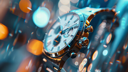 Closeup of a watch with a blurry background.Volumetric Lighting - obrazy, fototapety, plakaty