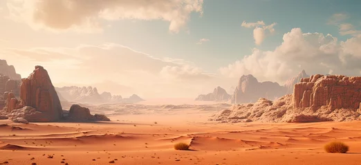 Foto op Plexiglas a desert landscape with rocky hills and blue sky © Xanthius