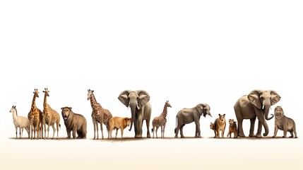 An orderly procession of African wildlife with elephants, giraffes, and big cats, renders a sense of tranquility