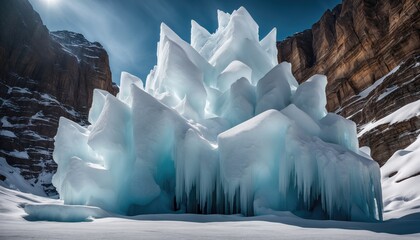 frozen castle-like structure made of ice, with icicles hanging from it, stands in the middle of a snowy field. It is surrounded by tall cliffs and mountains. - 782588866